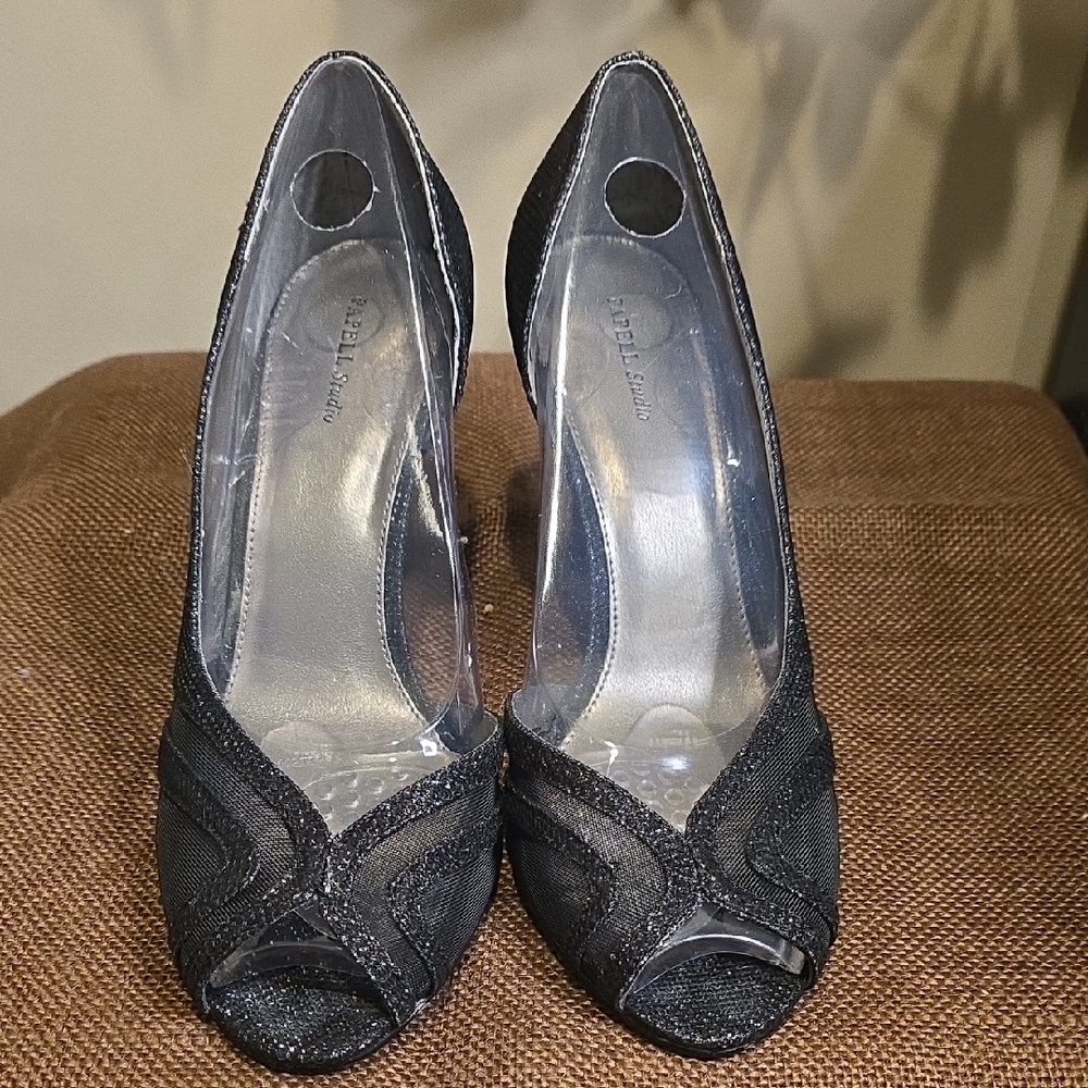 Adrianna Papell Black Mesh Peep-Toe Heels